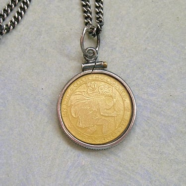 Vintage Sterling Yellow Enamel Saint Christopher Pendant, Old Charles Thomae & Sons St. Christopher Medal (#4275) 