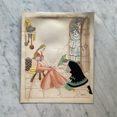Margaret Ann Gaug Early 20th Century Drawing Watercolor Ink Vintage Victorian Style Cleta Irving slipper Nobility Cinderella 