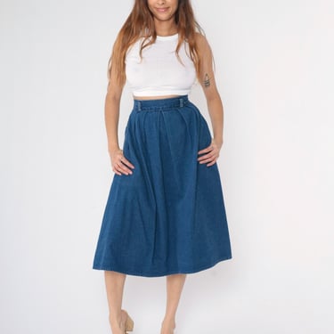 Vintage 80s Denim Midi Skirt Pleated Full A-Line High Waisted with Pockets Dark Wash Blue 1990s Made in USA Extra Small xs 0 