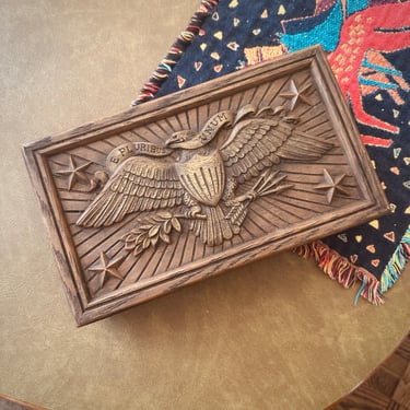 Vintage Faux Wood Box with American Eagle - E Pluribus Unum - Made by Avon - Trinket Box - Molded Resin 