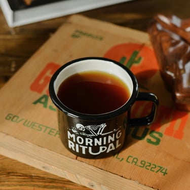 Morning Ritual Coffee Mug | Enamel Coffee Mug | Food Pun Mug | Foodie Gifts | Barista | Skull Mug | Gifts Under 25 | Funny Coffee Mugs 