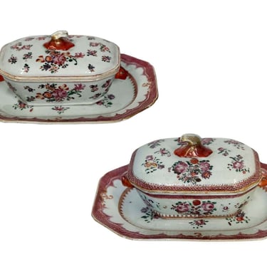 Pair of 18th Century Chinese Export Famille Rose Sauce Tureens