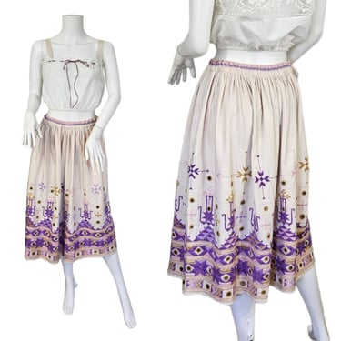 1970's Taraliya Homespun Ivory Cotton Lavender Embroidered Mirrored Skirt I Sz Any I Hippie Skirt I Indian Cotton 