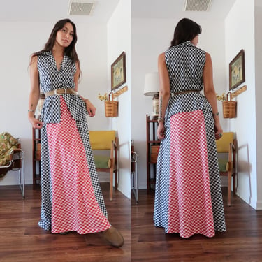 Vintage 70's Orvieto Creations Two-Piece Gingham Button-up Collared Sleeveless Blouse and Maxi High Waisted Skirt 