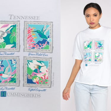 Tennessee Hummingbirds Shirt 90s Bird T-Shirt Retro Nature Wildlife Floral Tourist Graphic Tee Boho Top White 1990s Vintage Medium Large 