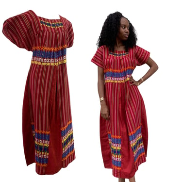 Vtg Vintage 1960s 60s Guatemalan Textile Red Striped Woven Ethnic Caftan Dress 