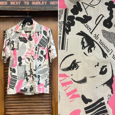 Vintage 1980’s Art Museum New Wave Magazine Print Cotton Shirt Top, 80’s Vintage Clothing 