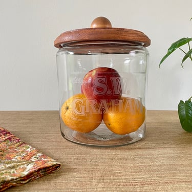 Vintage Kelloggs S.W. Graham Glass Cookie Jar with Wood Lid 