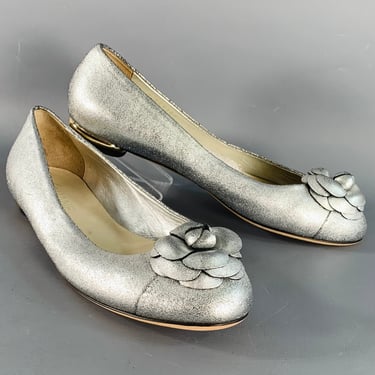 CHANEL Size 10.5 Silver Metallic Textured Suede Ballet Flats
