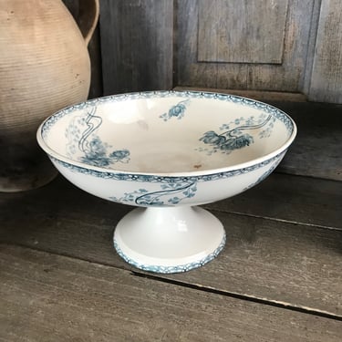 French Faïence Compote, Floral Indigo, Opaque Ironstone, Sarreguemines,  Floral Pattern, Fruit Bowl, Pedestal, Tea Stained 