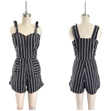 40s Black & White Stripe Cotton Playsuit Jumper / 1940s Vintage Overall Romper / Medium / Size 10 