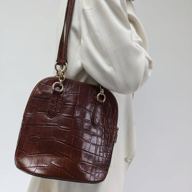 Vintage Cocoa Embossed Leather Shoulder Bag