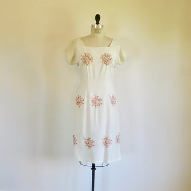 Vintage 1960's Ivory Creme Linen Pink and Green Embroidered Wiggle Sheath Dress Spring Rockabilly 30