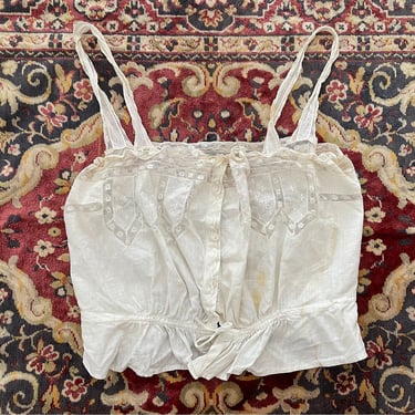 Antique Victorian or Edwardian crop top | ivory cotton & lace cropped cami blouse, ladies S/M 