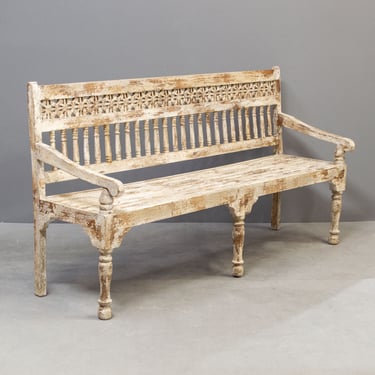 Carved &amp; Painted Park Bench w/ Slatted Seat