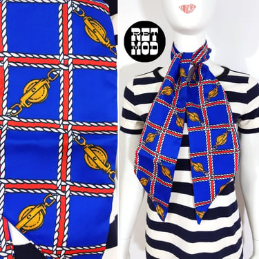 Summer Vibes Vintage 60s 70s Blue Red Nautical Rope & Pulley Print Long Scarf 