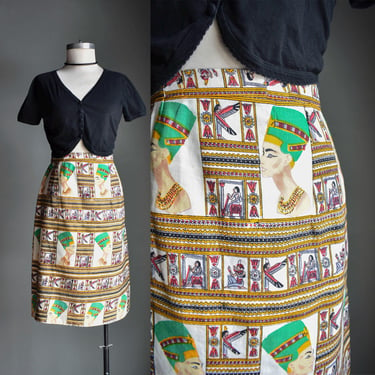 Vintage 1970s Skirt / Vintage Pencil Skirt / Egyptian Print Pencil Skirt / Vintage Nefertiti Print Skirt / 70s Funky Print Skirt 30 Waist 