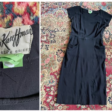 True vintage 1950’s Anne Kauffman little black dress | short sleeve, lightweight crepe, metal zipper & pockets, M 