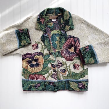 tapestry jacket 90s vintage Scene Weavers pansy floral woven blanket coat 