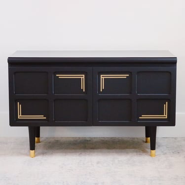 Nathan Squares LP Style Cupboard / Media Unit in Black with Gold Art Deco Motifs, Brass Overlaid Wooden Legs and Tinted Perspex Topper - MCM 