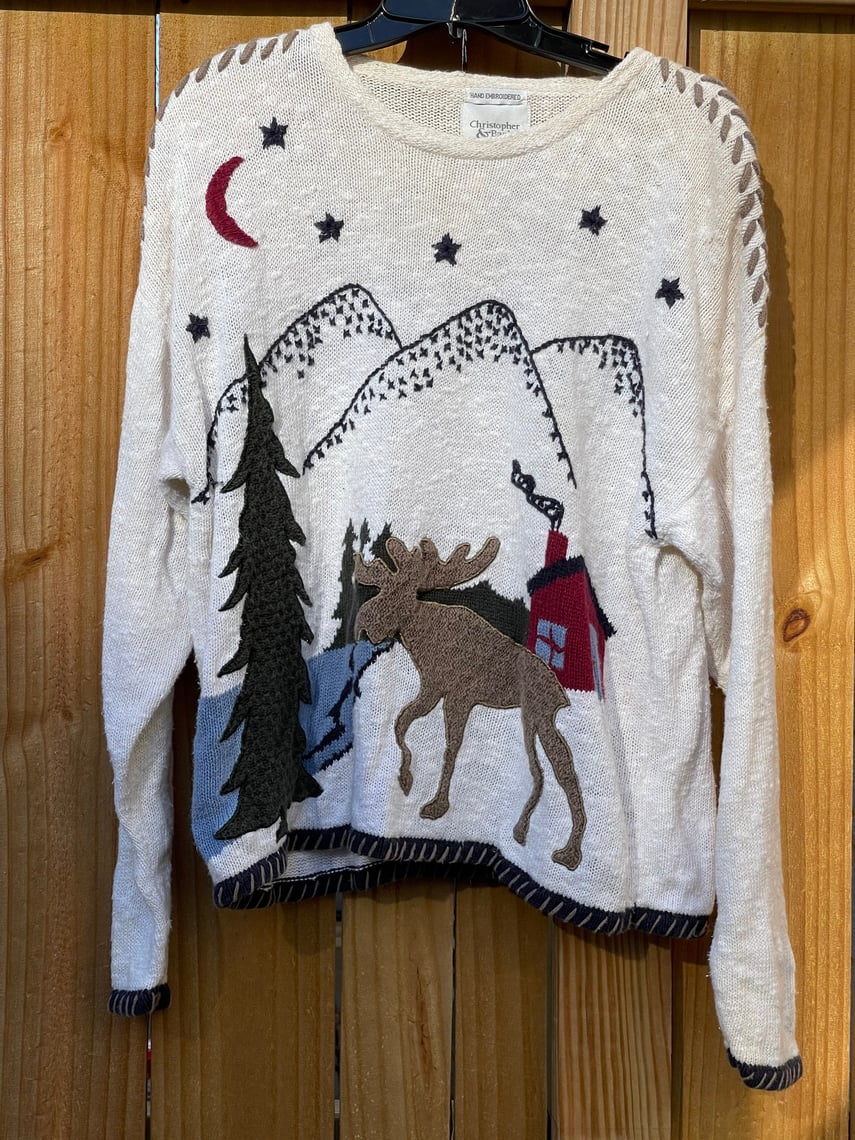 Winter Moose Sweater Hand Embroidered Christopher Banks Sweater Size Large Chris Alicia Vintage Atlanta GA