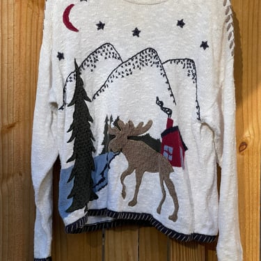 Winter Moose Sweater Hand Embroidered Christopher & Banks Sweater Size Large Ugly Christmas Sweater, Holiday Sweater, Winter Ski Sweater 