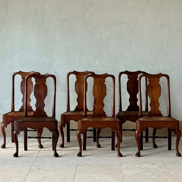 Set of Six 18th C. George I Oak Chairs with Straw Seats