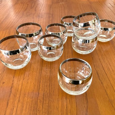 roly poly barware lowball glasses silver banding whiskey sippers pristine condition set of 9 