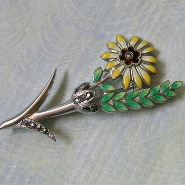 Vintage 1940's Sterling Marcasite Enamel Brooch Pin, Old Sterling Enamel Pin, Sterling Flower Pin (#4179) 