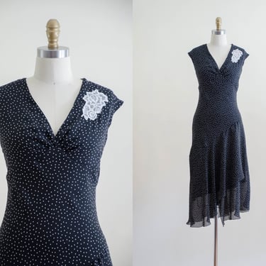 90s black polka dot dress | vintage sleeveless angled kerchief hem flowy midi dress 