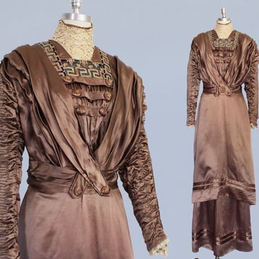 Antique Dress / 1900s 1910s Edwardian Sculptural Gown  / Coffin Ruched Sleeves / Greek Key Embroidery / Craftsman Dress 