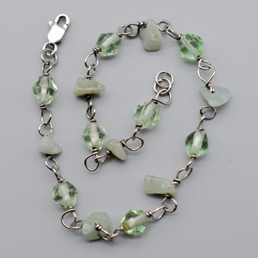 70's 925 silver aventurine green glass hippie bracelet, green nuggets & bicone beads on sterling wire stacker 
