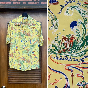 Vintage 1940’s “Poi Pounder Tog” Cartoon Hula Girl Surfers Tiki Silky Rayon Hawaiian Shirt, Loop Collar, Original, 40’s Vintage Clothing 