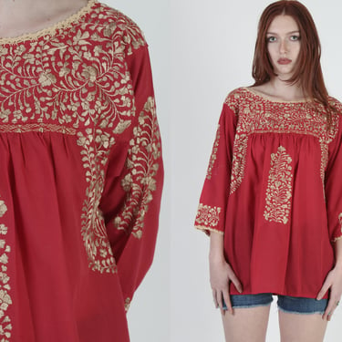 Long Sleeve Oaxacan Top / Womens Red Mexican Tunic / Gold Hand Embroidered Bell Sleeves / San Antonia Floral Puebla Blouse 
