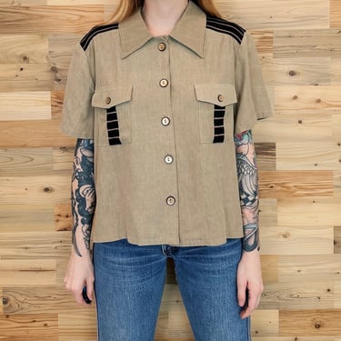 Vintage Military-Style Boxy Cropped Button Up Blouse 