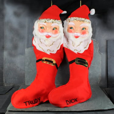 x Vintage Santa Christmas Stockings | 1965 Made in Japan | Set of 2 Holiday Fair Stockings with Vac-Form Santa Faces 