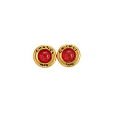 Chanel Red Stone Round Logo Earrings