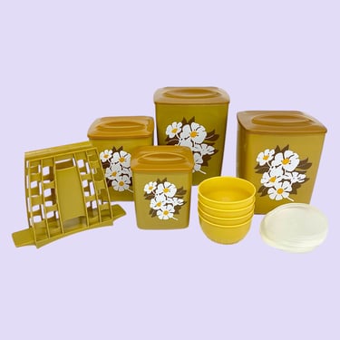 Vintage Kitchen Storage Set Retro 1970s Mid Century Modern + DEADSTOCK + Was Sealed + 4 Canisters + Napkin Holder + 4 Containers + 18 Pieces 