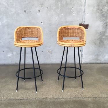 Mid Century Wicker Swivel Bar Stools