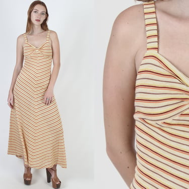 Chevron Striped Jersey Maxi Dress, Vintage 1970s Bikini Top Market Dress Small 