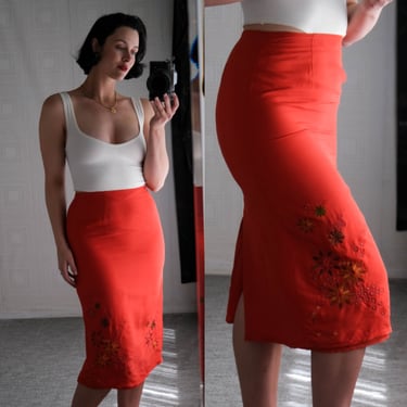 Vintage CLIO Blood Orange Silk Crinkle High Waisted Midi Skirt w/ Floral Daisy Embroidery | 100% Silk | Size 4 | Y2K 2000s Designer Skirt 