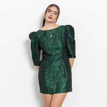 LACE HOLIDAY DRESS Cocktail Mini Green Vintage 60's Backless Puff Sleeves / Medium 