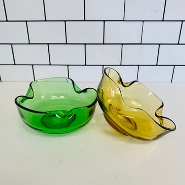 Set of Two Vintage Anchor Hocking Green and Yellow Glass Dish, Dip Dish, Glass Ashtray, Retro Glass Dish, Vintage Bowl 