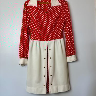 60’s 70’s Red & White polkadot Poly knit mini dress ~ long sleeves pointy collar GoGo style~ Retro Groovy~ size M 