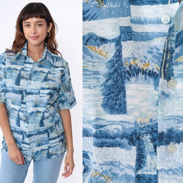 70s Nature Shirt Tree Mountain Shirt Blue Boho Disco Top Novelty Print Blouse Hippie 1970s Vintage Short Sleeve Button Up Men's Medium 