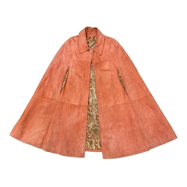 Vintage 1960s Peach Suede Cape with Paisley Satin Lining, 60s Outerwear, Edward Schainman New York, One Size, VFG 