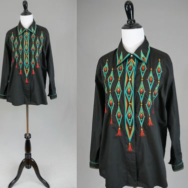 90s Bob Mackie Embroidered Shirt - Diamond Tassel Design - Black Turquoise Green Orange Red - Wearable Art - Vintage 1990s - M 