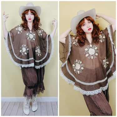 1970s Vintage Brown Sheer Embroidered Shawl / 70s Bohemian Western Floral Cape / One Size 