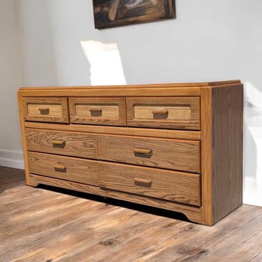 Vintage Laminate Dresser – Faux Oak Grain, Rattan Drawer Fronts, 6-Drawer Storage, 64