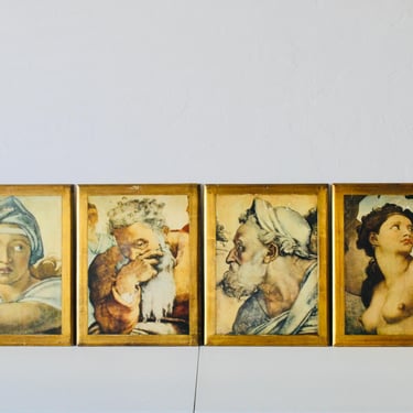 Vintage Italian Sistine Chapel Michelangelo Mounted Prints Gilded Mid-Century-set of 4 